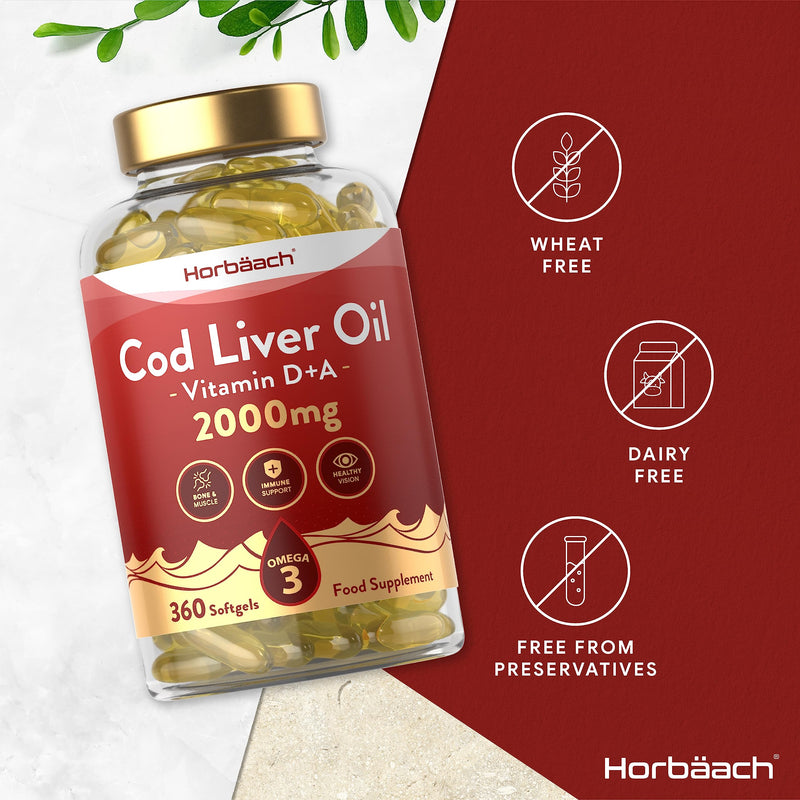 [Australia] - Cod Liver Oil Capsules | 2000mg | 360 Count | with High Strength Omega 3, Vitamin D and A | Bone and Muscle Support, Healthy Vision, and Immune Support | by Horbaach 