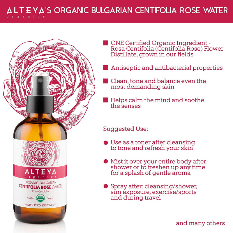 [Australia] - Alteya Organic Centifolia Rose Water Spray 240ml Glass bottle- 100% USDA Certified Organic Authentic Pure Rosa Centifolia Flower Water Steam-Distilled and Sold Directly by the Grower Alteya Organics 