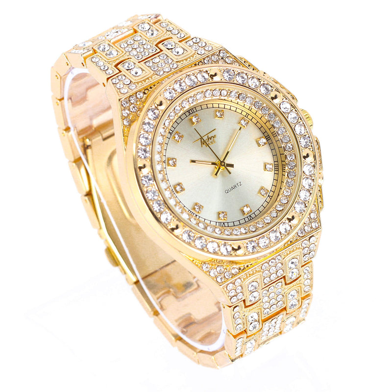[Australia] - Mens Bling-ed Out Diamond Watch with 2-Row Iced Out Bezel and Cubic Zirconia Studded Indicators with Roman Index Dial - Iced Out Metal Band Strap - Quartz Movement GOLD 