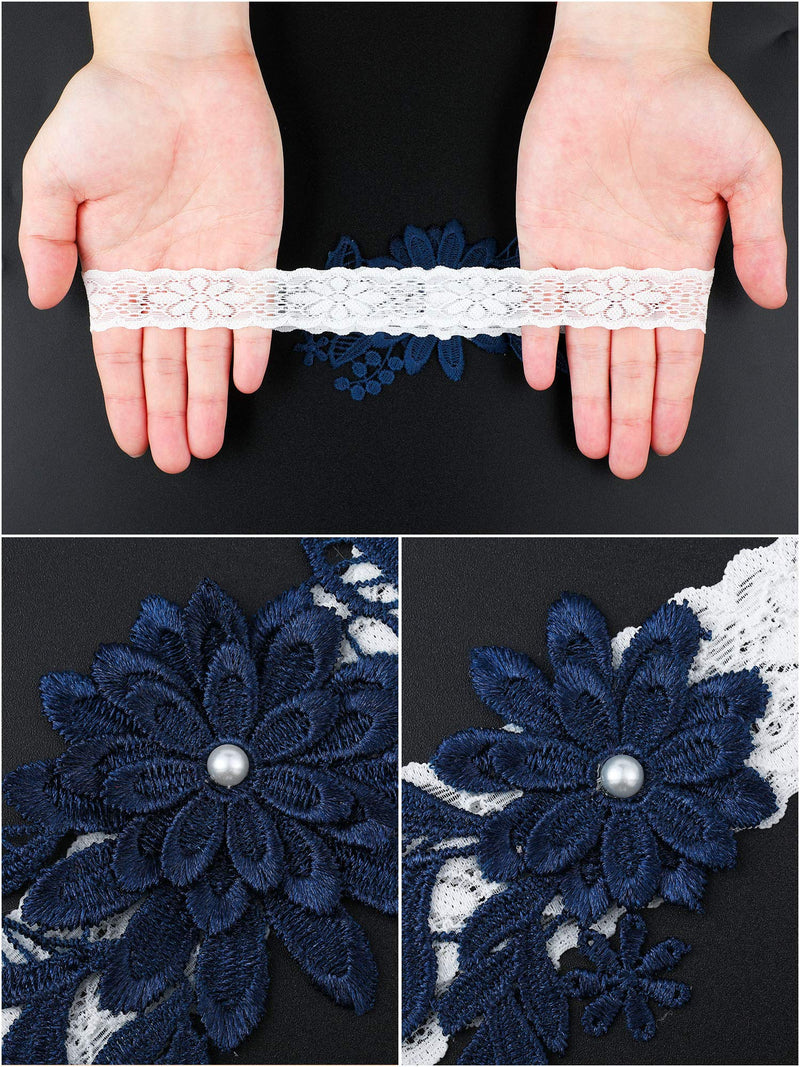 [Australia] - 2 Pieces Wedding Garters Daisy Lace Bridal Garter Hand Sewn Faux Pearls Garter for Bride Navy Blue 