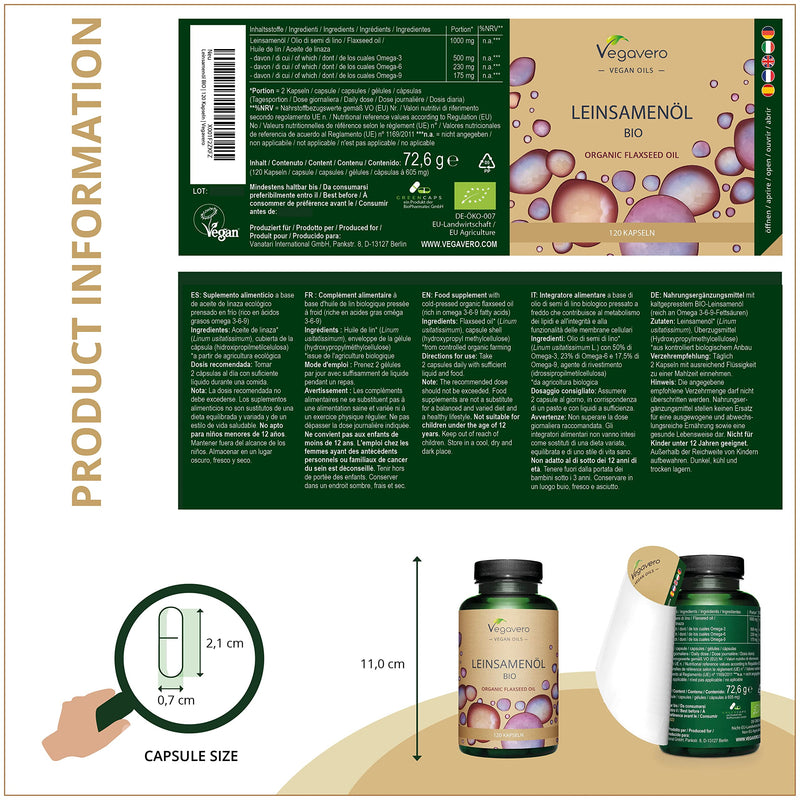 [Australia] - Organic Flaxseed Oil Capsules Vegavero® | 120 Vegan GreenCaps® | 90% Omega 3-6-9 ALA | Cold-Pressed Quality 