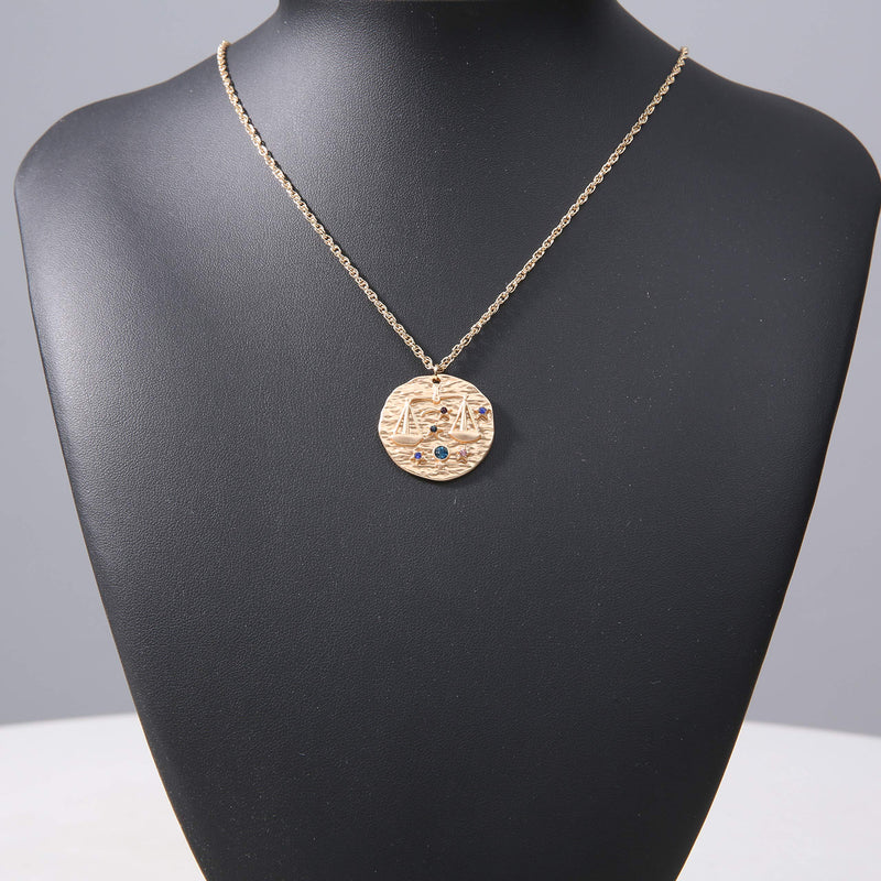 [Australia] - Fashion Fantasy Baroque 12 Constellation Relief Coins Round Brand Guardian Necklace Retro Constellation Gilt Sweater Chain Hot Style Birthday Gift Couple Necklace Libra 