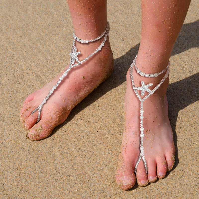 [Australia] - 4 Pairs Beach Barefoot Sandals Starfish Pearls Turquoise Beaded Elastic Foot Jewelry for Women Girls 