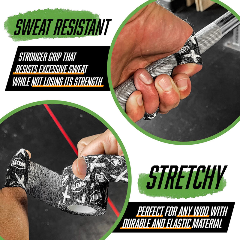 [Australia] - WOD Recovery Hook Grip Weightlifting Tape - Sweatproof & Chalk-Resistant, Adhesive Wrap for Thumb, Fingers, & Hands - Black/Blue/White, 1.5 Inches x 16 Feet Black / White 