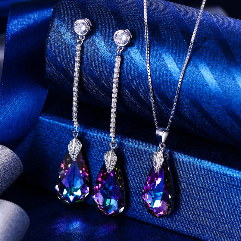 [Australia] - EleQueen 925 Sterling Silver CZ Teardrop Leaf Pendant Necklace Long Dangle Earrings Set Bermuda Blue Made with Crystals Vitrail Light 