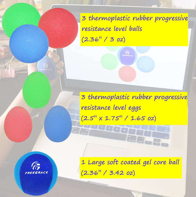 [Australia] - Freegrace Hand Grip Strengthening Stress Relief Squeeze Balls/Squishy Ball Bundle - Hand Exercise & Therapy Set - Physical Rehabilitation 3 Eggs + 4 Balls 