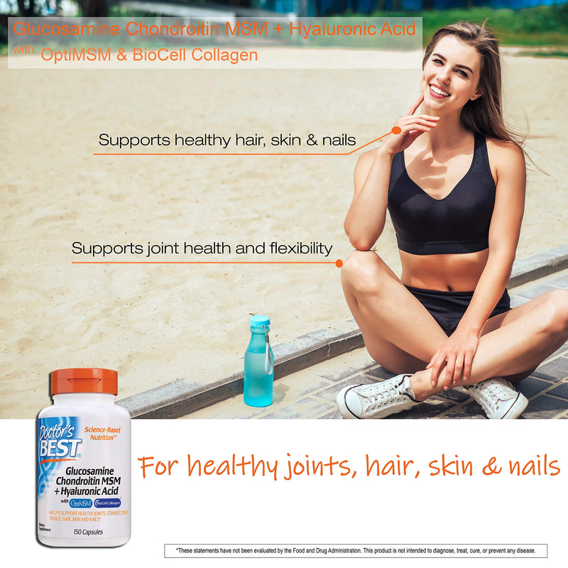 [Australia] - Doctor's Best Glucosamine Chondroitin MSM + Hyaluronic Acid with OptiMSM Featuring Biocell Collagen, Joint Support, Non-GMO, Gluten Free, Soy Free, 150 Caps 