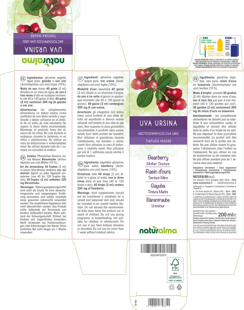 [Australia] - Bearberry (Arctostaphylos uva Ursi) Leaves Alcohol-Free Mother Tincture Naturalma | Liquid Extract Drops 200 ml | Food Supplement | Vegan 200 ml (Pack of 1) 