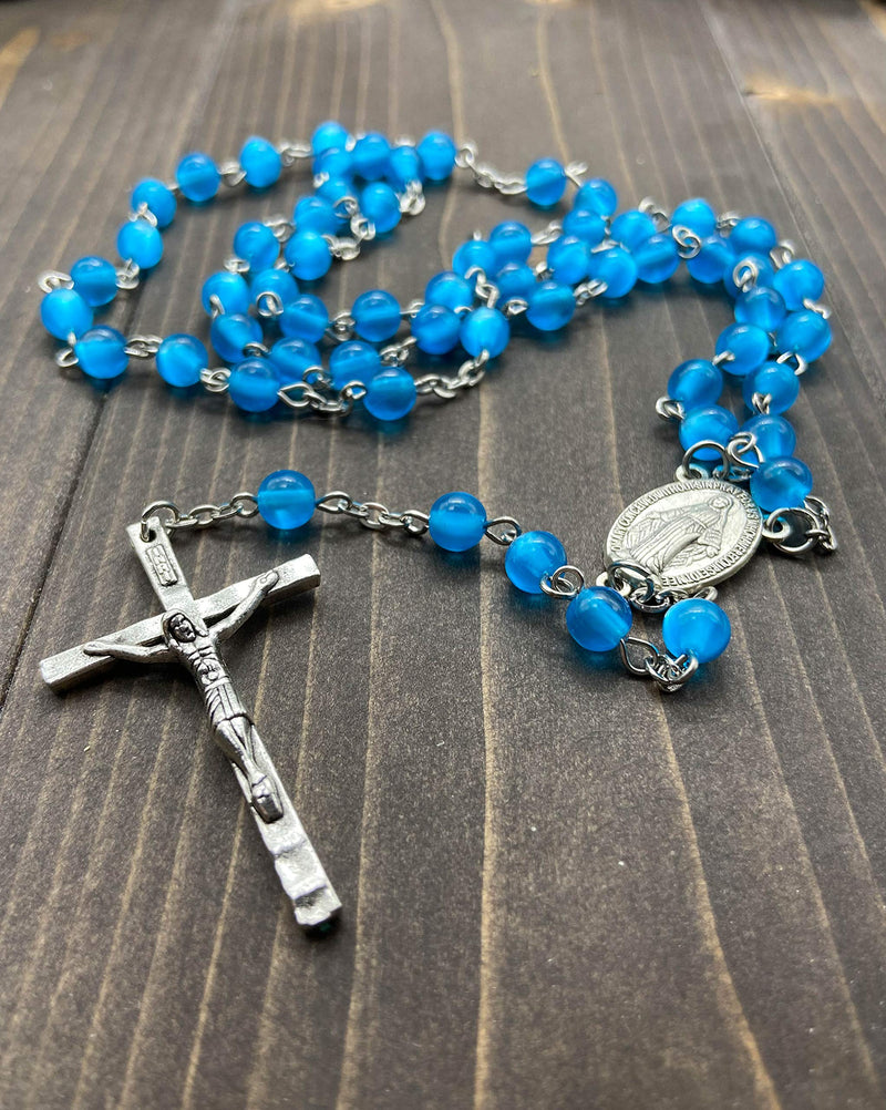 [Australia] - Nazareth Store Rosary Necklace 7mm Round Light Blue Beads Turquoise Cat Eye Stone Miraculous Medal with Crucifix - Velvet Bag 