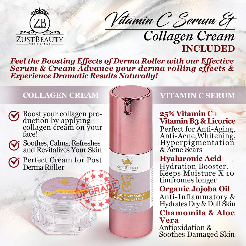 [Australia] - ZUSTBEAUTY | ALL IN 1| Derma Roller Kit With Vitamin C 25% Serum & Collagen Cream | For Face, Body, Beard, Hair, Stomach, Lip |0.3MM Titanium Microneedle Heads 180 for Eyes 600 for Face 1200 for Body 