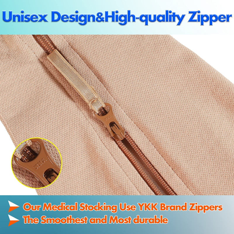 [Australia] - KEKING® Zipper Compression Socks for Men Women, Open Toe, 20-30mmHg Firm Support Knee High Zipper Compression Stockings for Wide Calf - Varicose Veins, DVT, Shin Splints, Edema, Nursing, Beige XXL XX-Large 