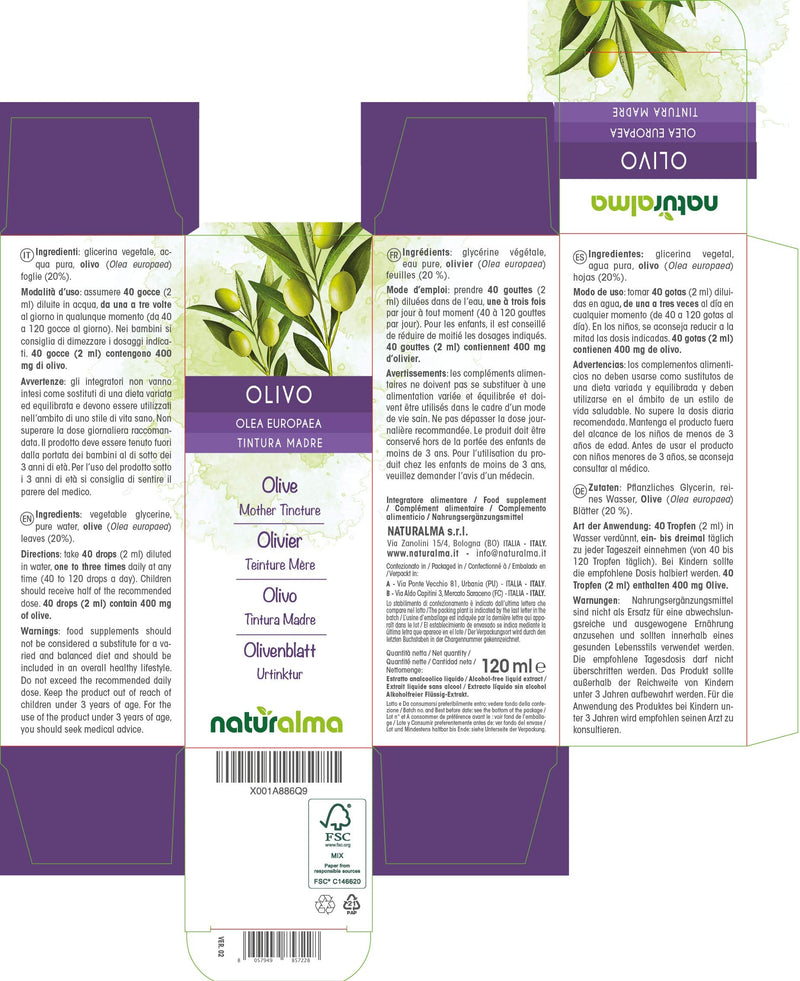 [Australia] - Olive (Olea europaea) Leaves Alcohol-Free Mother Tincture Naturalma | Liquid Extract Drops 120 ml | Food Supplement | Vegan 