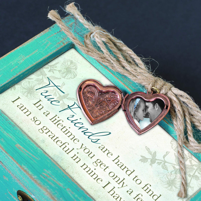 [Australia] - Cottage Garden True Friends Grateful Teal Wood Locket Jewelry Music Box Plays Tune That's What Friends are for Blue 