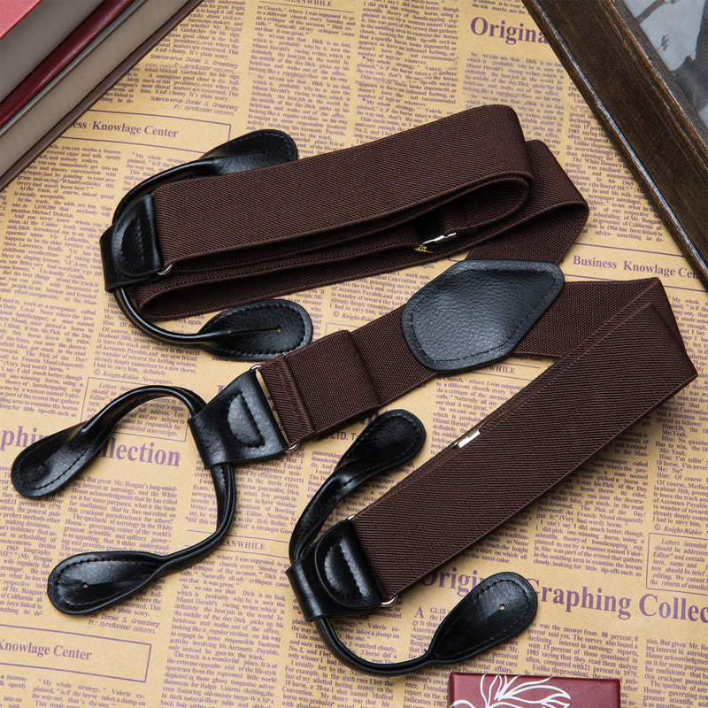 [Australia] - Buyless Fashion Butten End Suspenders for Men - 48" Adjustable Straps 1 1/4" - Y Shape Brown 