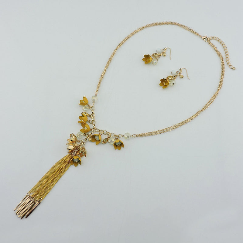 [Australia] - Bocar Long 2 Layer Chain Unique Flower Pendant Tassels Necklace Earrings Women Jewelry Set yolk yellow 