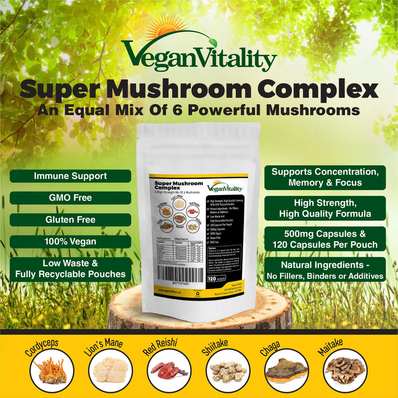[Australia] - Mushroom Complex 6 Lions Mane Mushroom 120 Capsules High Strength Vegan Supplement with Lions Mane, Reishi, Chaga Mushroom Powder, Shitake, Cordyceps & Maitake 