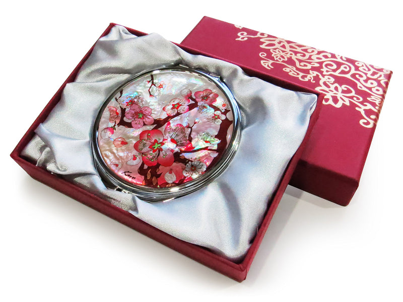 [Australia] - MADDesign Mother of Pearl Pink Makeup Mirror Dual Compact Folding Magnify Apricot Tree Flowers Design 