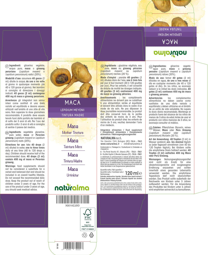 [Australia] - Maca or Peruvian Ginseng (Lepidium meyenii or Lepidium peruvianum) Roots Alcohol-Free Mother Tincture Naturalma | Liquid Extract Drops 120 ml | Food Supplement | Vegan 120 ml (Pack of 1) 