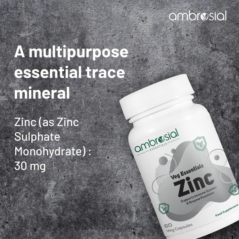 [Australia] - Ambrosial Zinc Tablets High Strength 30 mg | Highly Bioavailable Zinc Supplements for Immune & Metabolism Support (Pack of 1-60 Capsules) 60 Count (Pack of 1) 