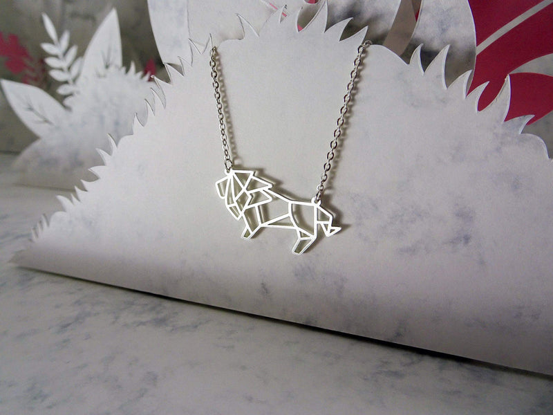 [Australia] - La Menagerie Lion Silver Origami Jewelry & Silver Geometric Necklace – 925 Sterling Plated Silver Necklace & Lion Necklaces for Women – Lion Necklace for Girls & Origami Necklace 