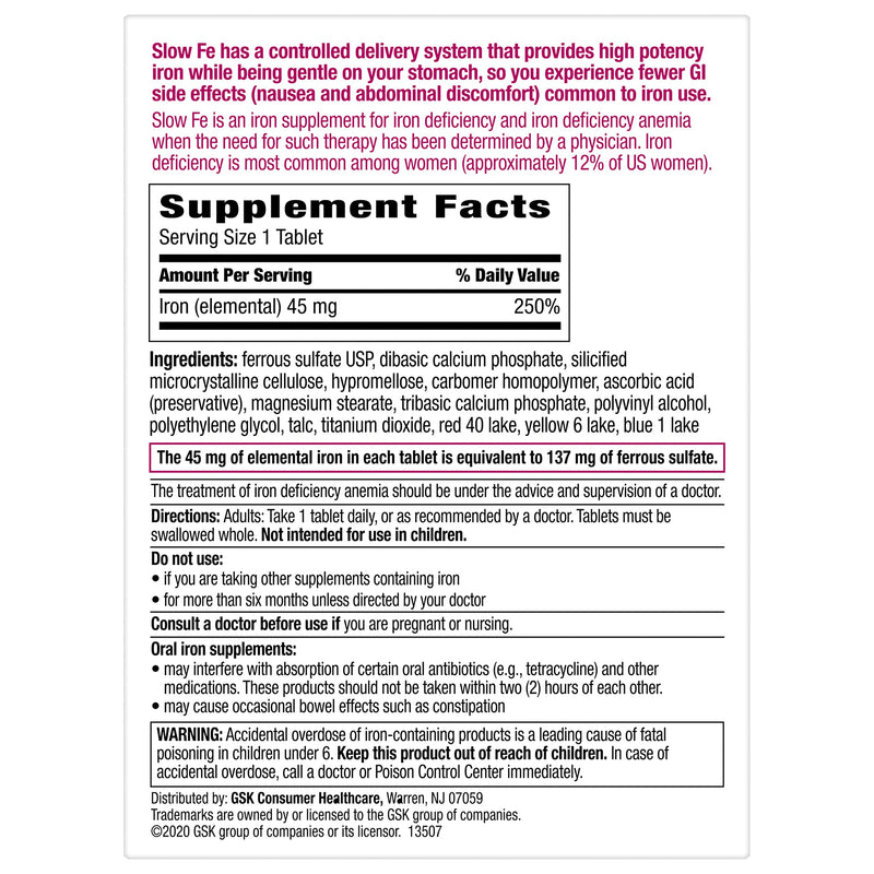 [Australia] - Slow Fe 45mg Iron Supplement for Iron Deficiency, Slow Release, High Potency, Easy to Swallow Tablets - 60 Count 60 Count (Pack of 1) 