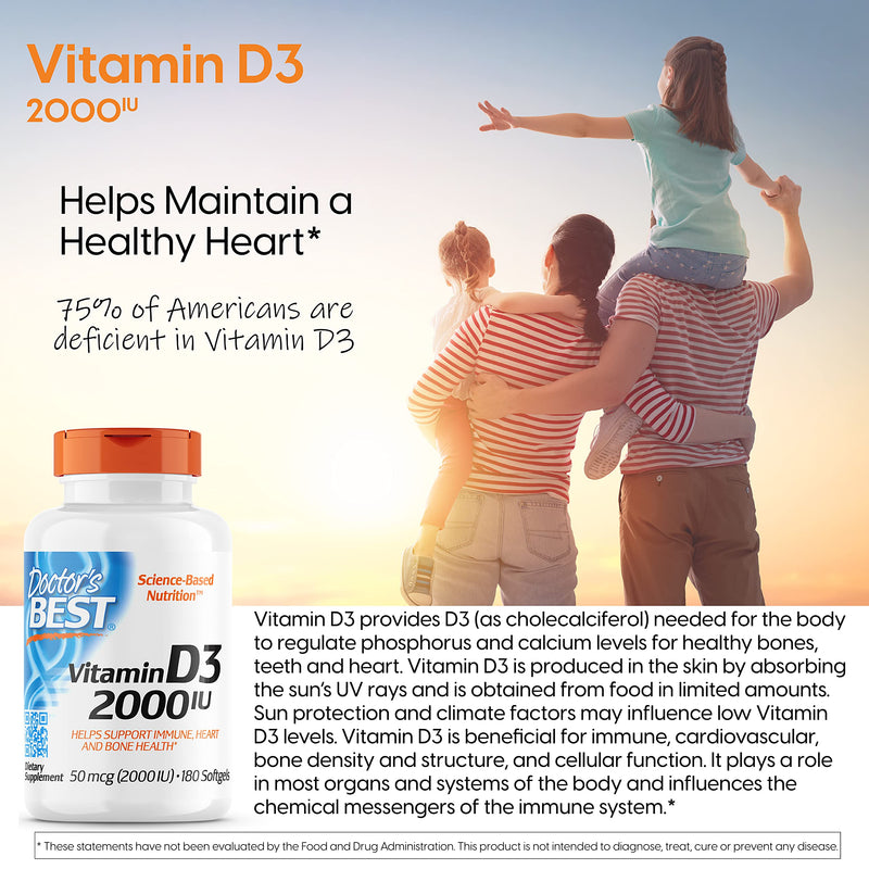 [Australia] - Doctor's Best Vitamin D3 2 000 IU Healthy Bones Teeth Heart Immune Support NonGMO GlutenFree Soy Free , 180 Count 
