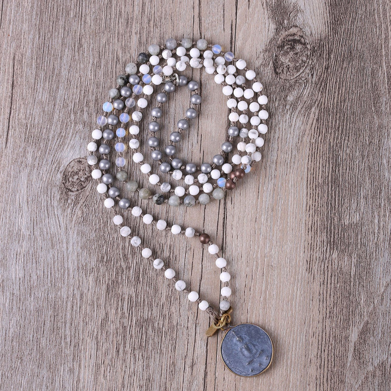 [Australia] - KELITCH Buddha Strand Necklace Long Beaded Sakyamuni Medal Pendant Necklace Lucky White Gray 