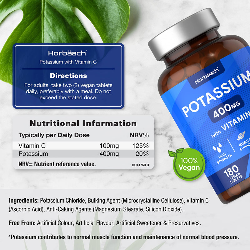 [Australia] - Potassium Supplement 400mg with Vitamin C | 180 Vegan Tablets | Potassium Chloride for Normal Blood Pressure & Muscle Support | No Artificial Preservatives | by Horbaach 