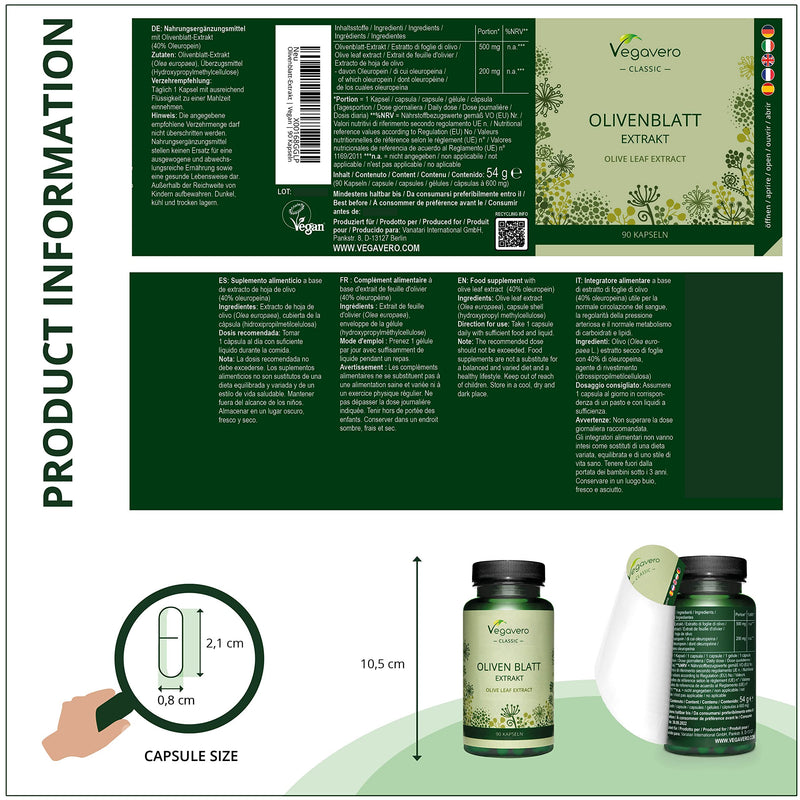 [Australia] - Olive Leaf Extract Vegavero® | Highest Strength: 7500mg (15:1) - 40% Oleuropein | Olive Leaves from Spain | 90 Vegan Capsules 