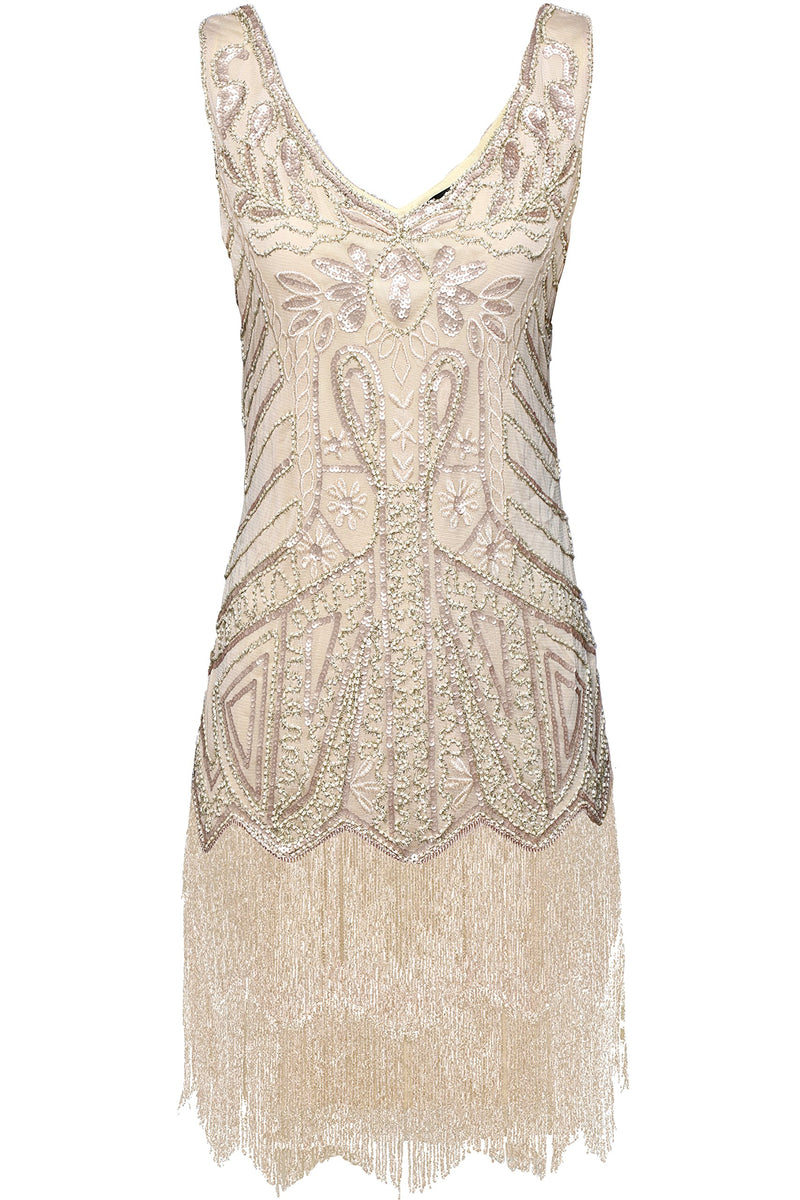 [Australia] - BABEYOND Women's Flapper Dresses 1920s V Neck Beaded Fringed Great Gatsby Dress Beige Small 