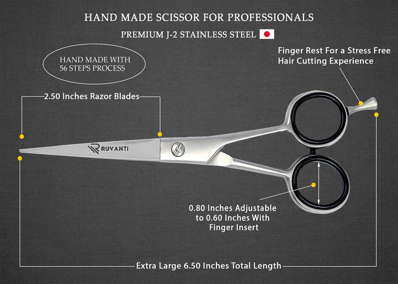 [Australia] - Ruvanti Professional Hair Cutting Scissors - Sharp Blades Hair Shears/Barber Scissors/Mustache Scissors - J2 Stainless Steel Hair Scissors - 6.5"- Haircut/Hairdresser Scissors for Kids, Men and Women. Silver 