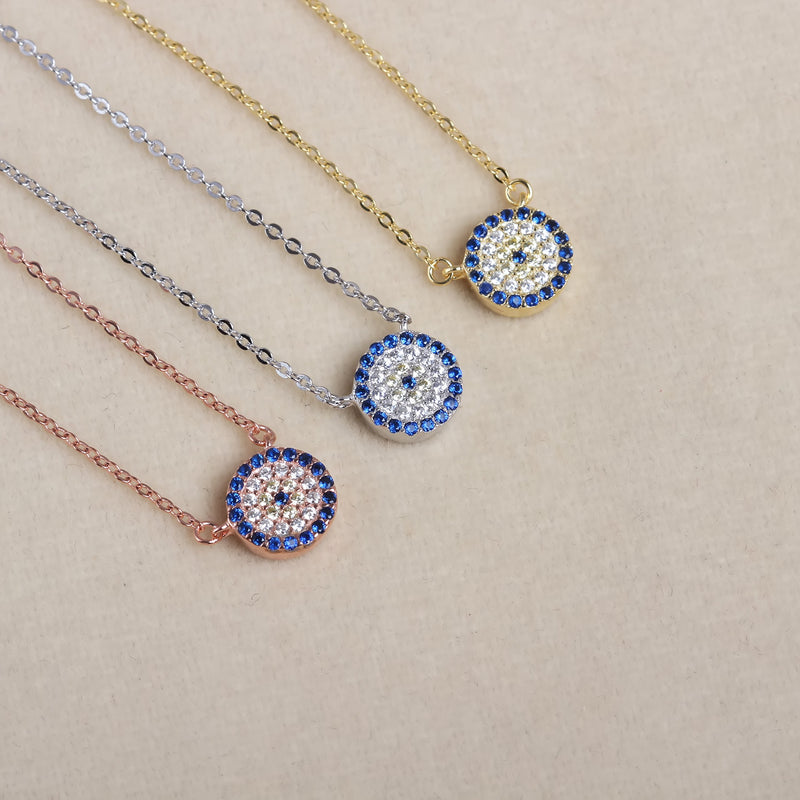 [Australia] - Kaletine Round Evil Eye Pendant Necklace Sterling Silver 925 Created Cubic Zirconia CZ Cable Chain 16"+2" Extender Rose Gold 