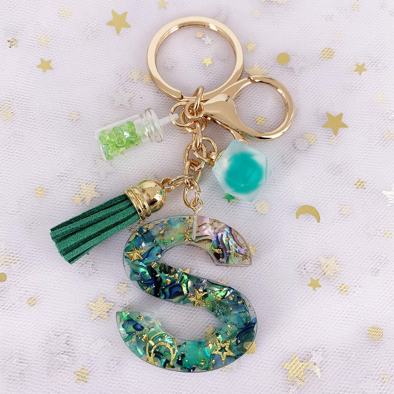 [Australia] - SELOVO Initial Keychain Ball Tassel Charm Capital Letter Alphabet Green Keyring S 