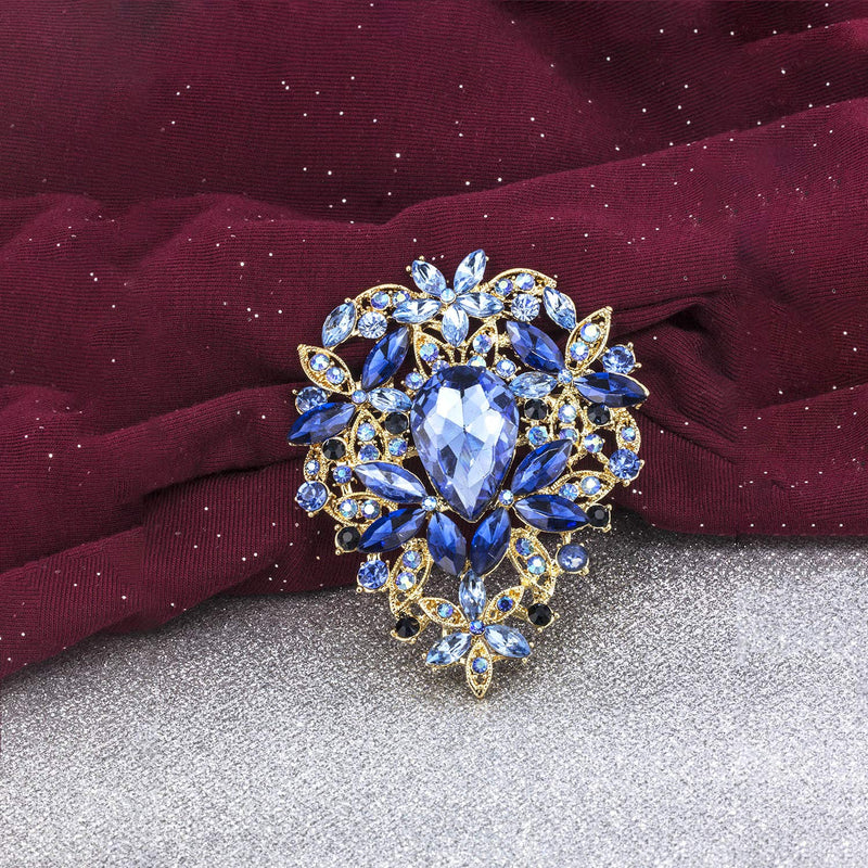 [Australia] - YOQUCOL Vintage Blue Austrian Crystal Rhinestone Leaf Shape Big Large Brooch Pin for Women Gold Tone 