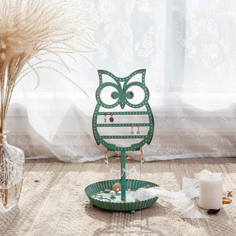 [Australia] - NIKKY HOME Earring Holder Hanging Organizer Stand Metal Jewelry Tree Table Top Owl Ear Stud Holder Tower Rack with Ring Tray for Girls Kids (134 Holes), Teal 13.2-In 