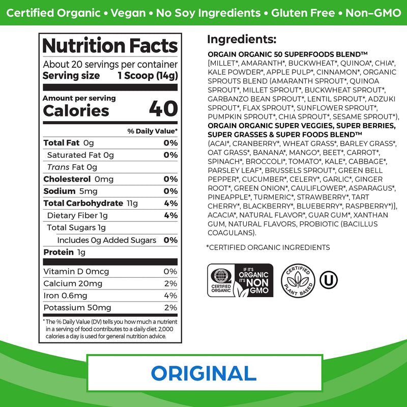 [Australia] - Orgain Organic Green Superfoods Powder, Original - Antioxidants, 1 Billion Probiotics, Vegan, Dairy Free, Gluten Free, Kosher, Non-GMO, 0.62 Pound (Packaging May Vary) 