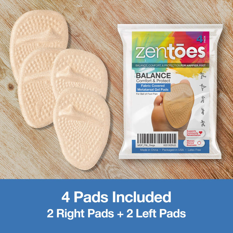 [Australia] - ZenToes Ball of Foot Cushions Pack of 4 Fabric Covered Gel Inserts for High Heels | Metatarsal Pads | Adhesive Shoe Insoles to Relieve Forefoot Pain 