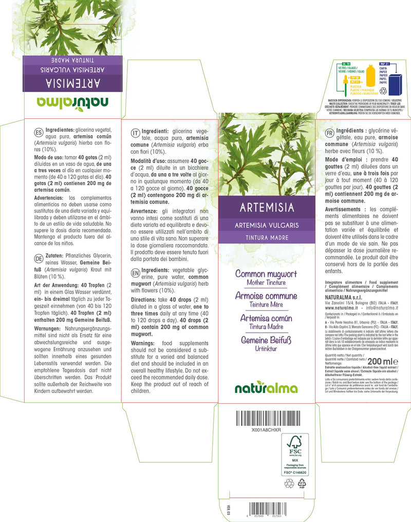 [Australia] - Common Mugwort (Artemisia vulgaris) herb with Flowers Alcohol-Free Mother Tincture Naturalma | Liquid Extract Drops 200 ml | Food Supplement | Vegan 