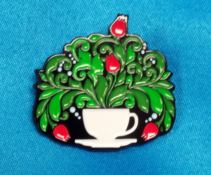 [Australia] - Dark Spark Decals Floral Swirl Tea or Coffee Cup Enamel Lapel Pin for Tea or Coffee Drinkers 