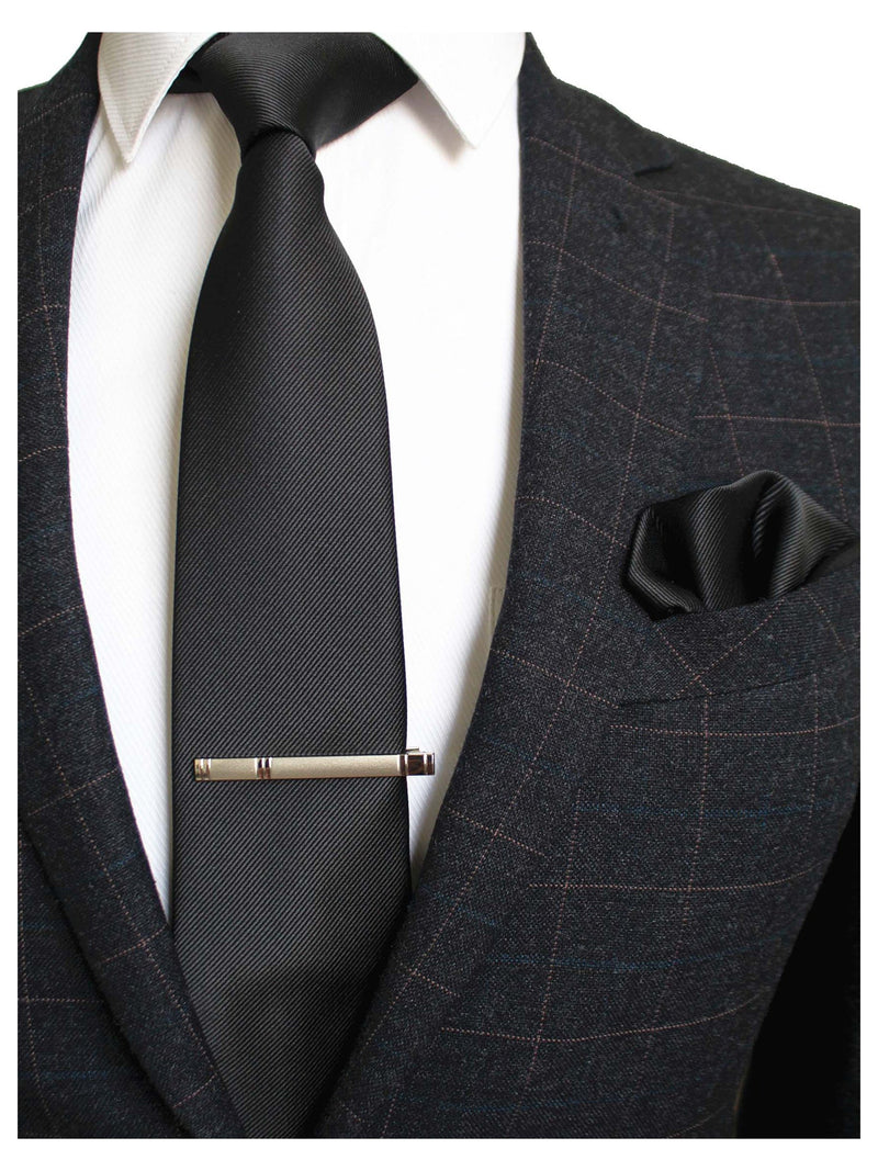 [Australia] - JEMYGINS Solid Color Formal Necktie and Pocket Square Tie Clip Sets for Men Black 