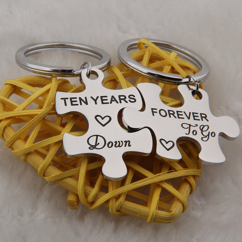 [Australia] - FEELMEM 10th Anniversary Present Ten Years Down Forever To Go Couples Puzzle Keychain Set Of Two 10 Years Anniversary Key Chain Present For Him or Her (silver) 