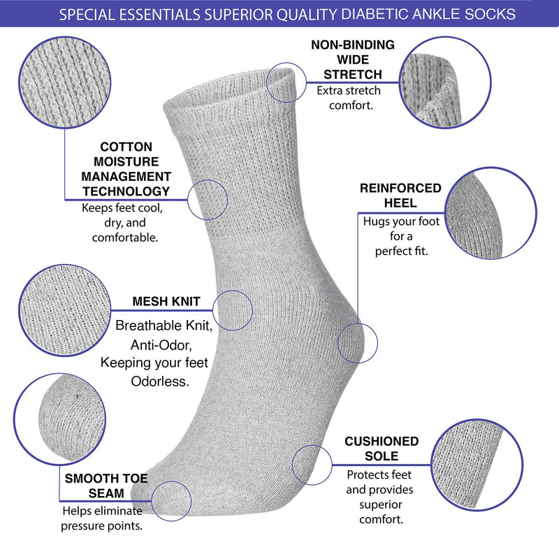 [Australia] - Special Essentials 6 Pairs Men's Cotton Diabetic Ankle Socks Black Grey White (10-13, White) 10-13 