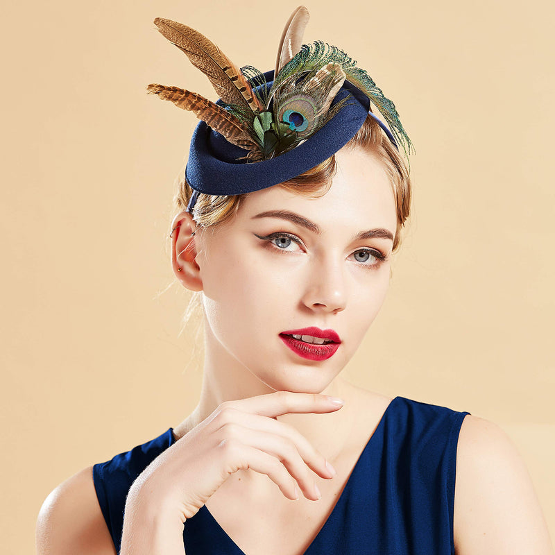 [Australia] - BABEYOND Fascinators Hat Derby Pillbox Hat Cocktail Tea Party Feather Headband Navy Blue 