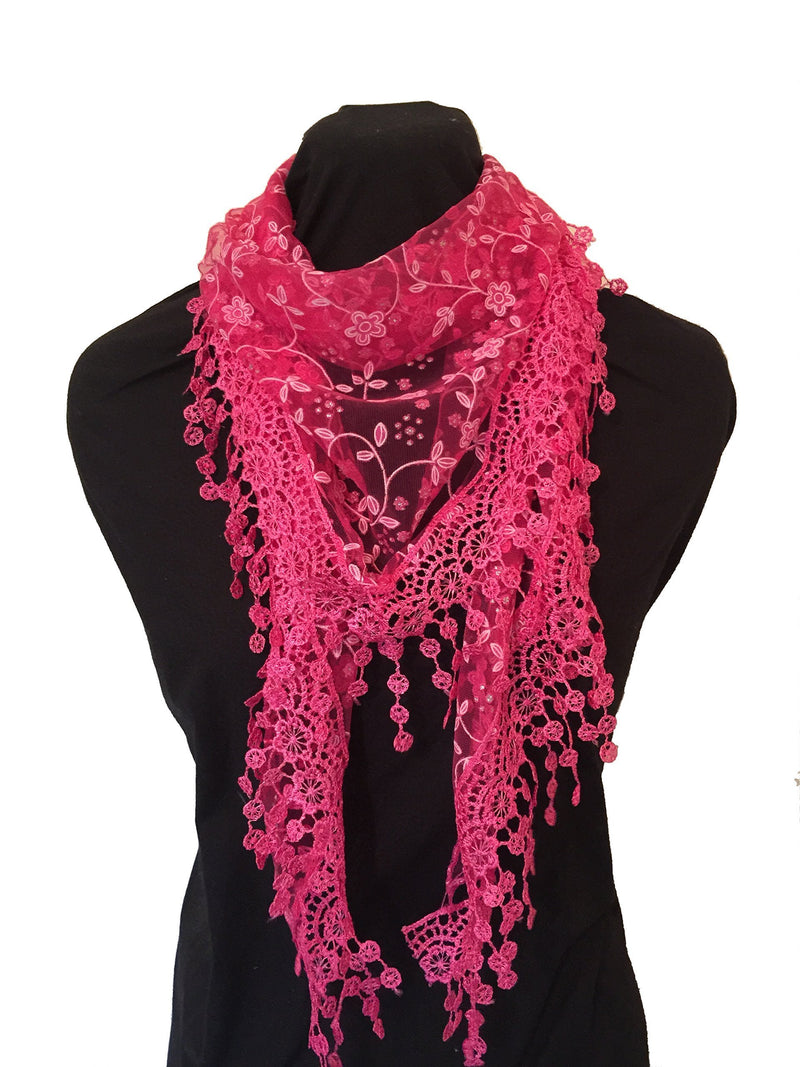 [Australia] - Pamper Yourself Now Fuschia Pink with White Glittery Flower lace Triangle Scarf with lace Trim 