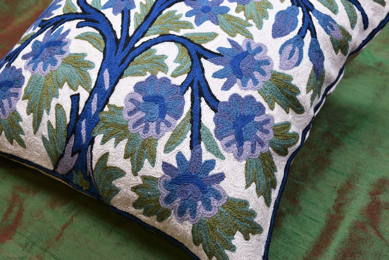 [Australia] - Kashmir Designs Tree of Life Pillow Cover | Blue Floral Pillowcase | Designer Flower Pillow |Suzani Cushions | Flower Pillows | Modern Floral Cushion Cover | Hand embroidered Cushion Wool Size - 18x18 Blue Indigo 