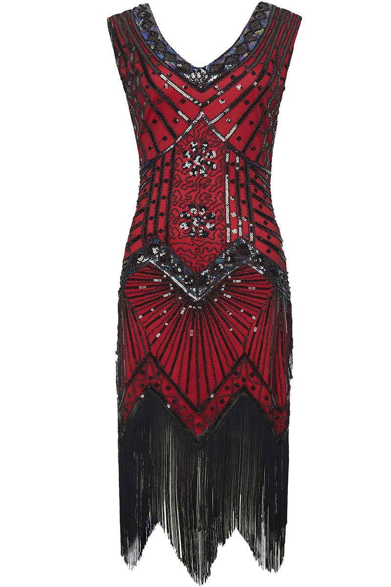 [Australia] - BABEYOND Women's Flapper Dresses 1920s V Neck Beaded Fringed Great Gatsby Dress Red Large 