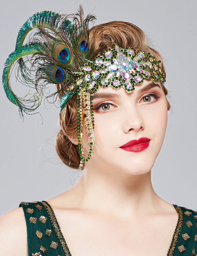 [Australia] - BABEYOND Women's 1920s Headband Flapper Feather Headpiece with Chain Roaring 20s Great Gatsby Themed Party Hair Accessory (Peacock) Peacock 