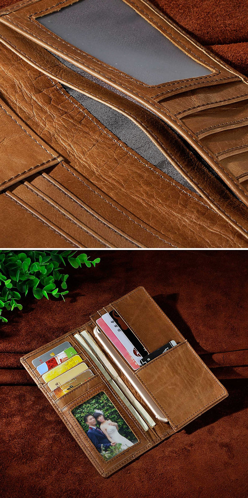 [Australia] - Le'aokuu Mens Genuine Leather Organizer Checkbook Card Case Bifold Wallet with Zipper Pocket (Light Brown) 