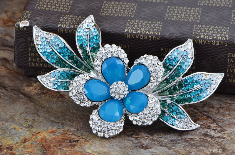 [Australia] - Alilang Womens Silver Blue Green Swarovski Crystal Rhinestones Tropical Hawaiian Flower Brooch Pin 