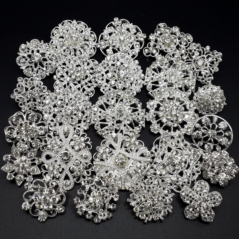 [Australia] - MEEJOA Lot 24pc Clear Rhinestone Crystal Flower Brooches Pins Set DIY Wedding Bouquet Broaches Kit 